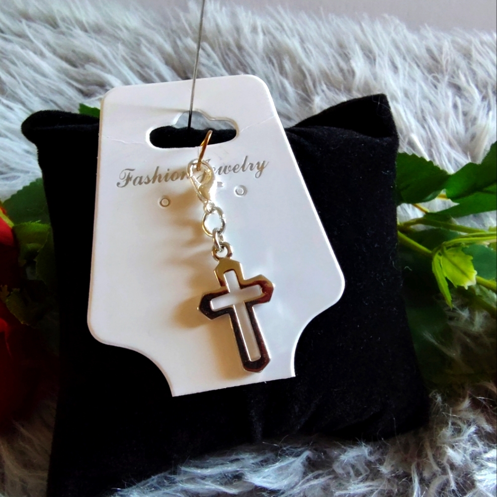 Silver Toned Cut OUT CROSS with Lobster Claw Clasp Clip Charm zipper pull